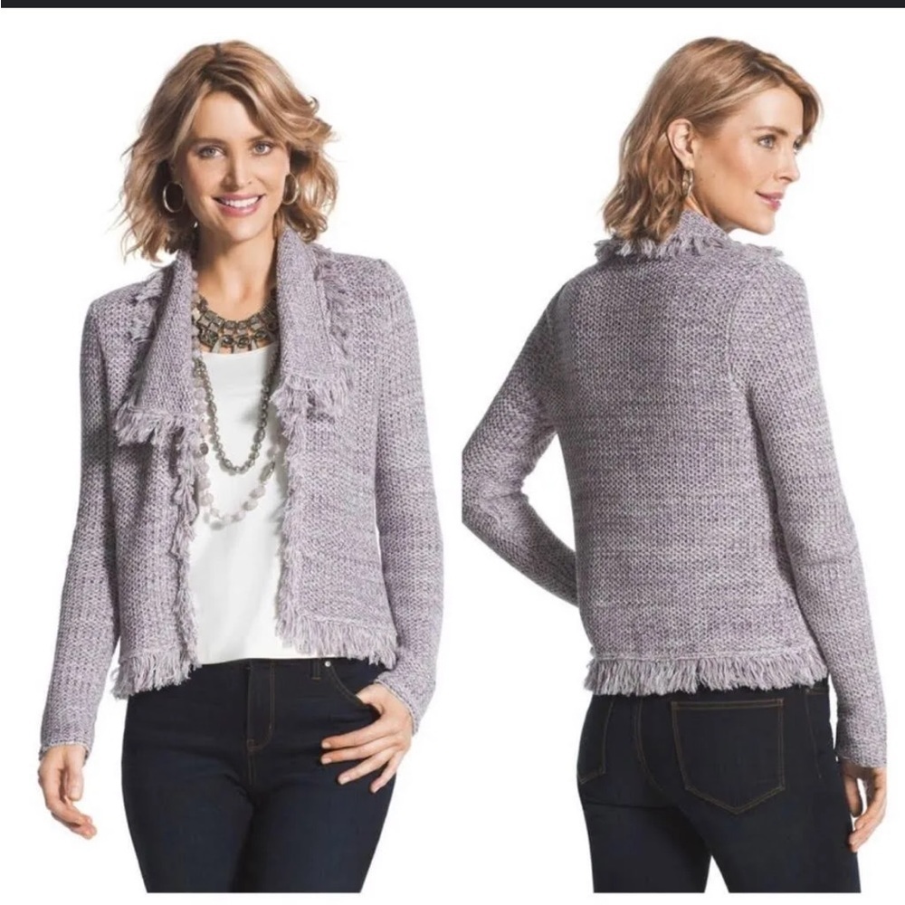 Chico’s Freida fringed open front cardigan in lilac and silver metallic thread